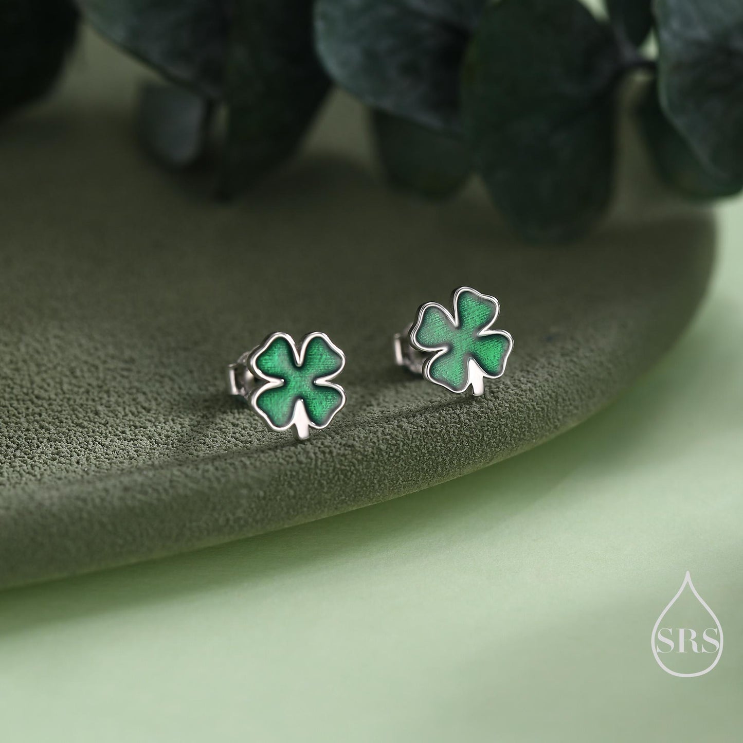 Four Leaf Clover Enamel Stud Earrings in Sterling Silver, Silver or Gold or Rose Gold, Flower Earrings, Shamrock Clover Earrings