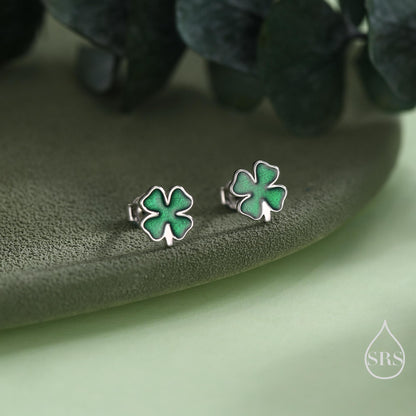 Four Leaf Clover Enamel Stud Earrings in Sterling Silver, Silver or Gold or Rose Gold, Flower Earrings, Shamrock Clover Earrings