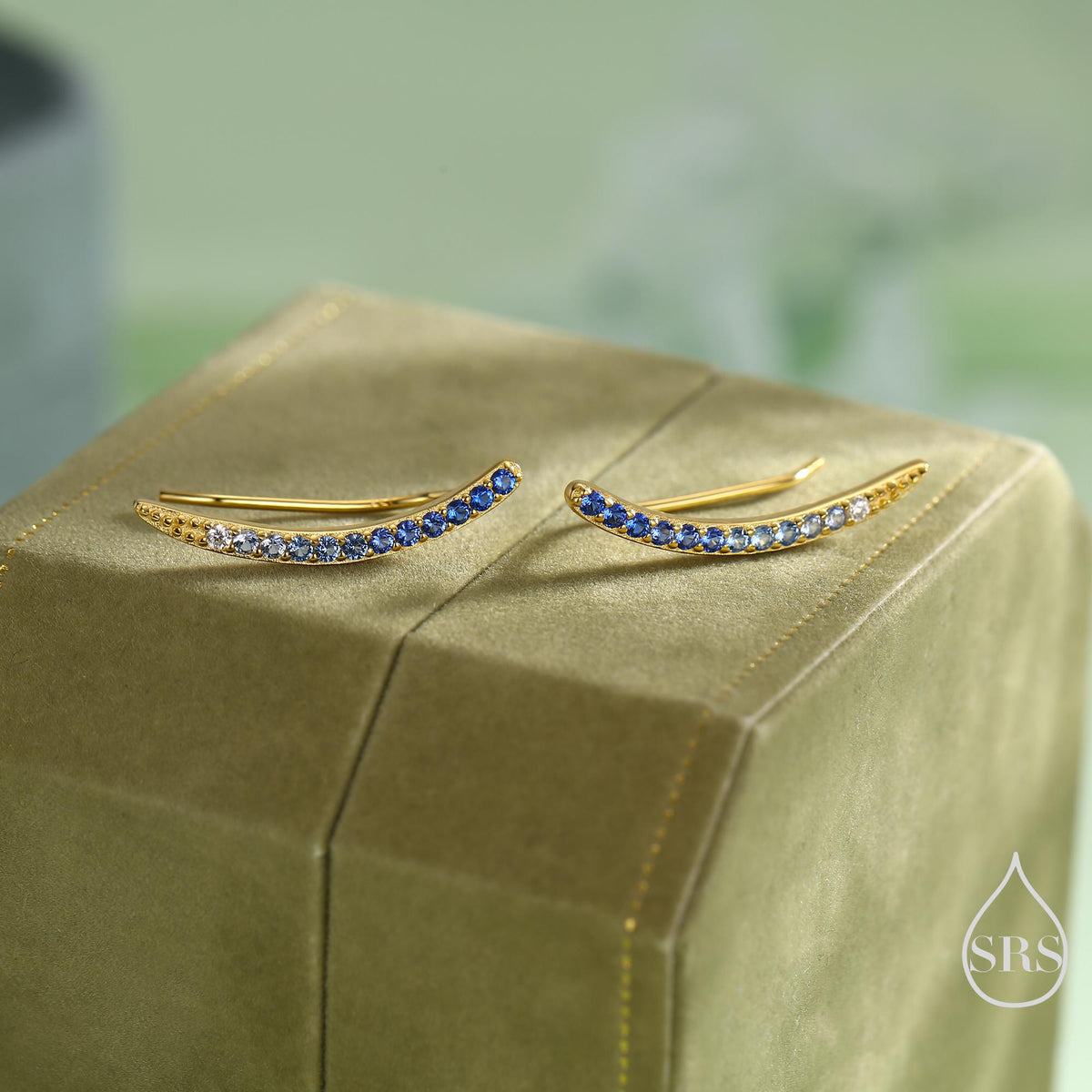Ombre Sapphire Blue CZ Crawler Earrings in Sterling Silver, Silver or Gold, Gradient Colour Ear Crawlers, September Birthstone Ear Climbers