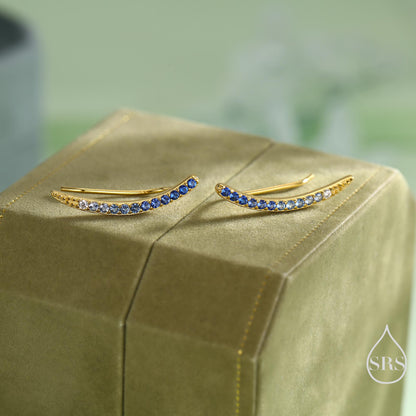 Ombre Sapphire Blue CZ Crawler Earrings in Sterling Silver, Silver or Gold, Gradient Colour Ear Crawlers, September Birthstone Ear Climbers
