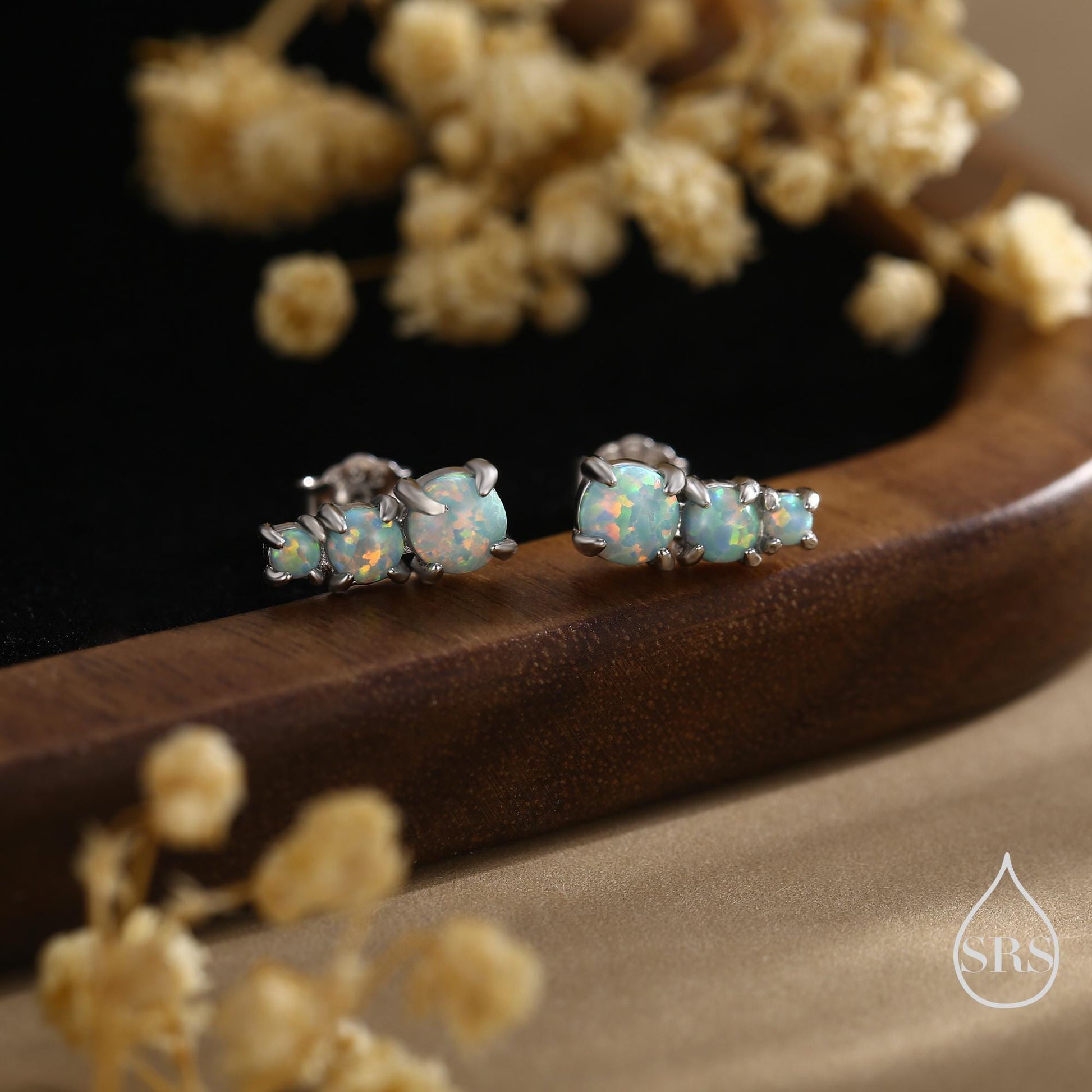 Tiny Aqua Green Opal Trio Stud Earrings in Sterling Silver, Silver or Gold, Three Opal Earrings, Opal Stud, Small Opal Earrings