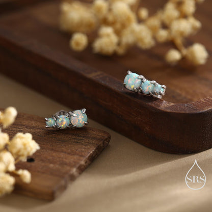Tiny Aqua Green Opal Trio Stud Earrings in Sterling Silver, Silver or Gold, Three Opal Earrings, Opal Stud, Small Opal Earrings