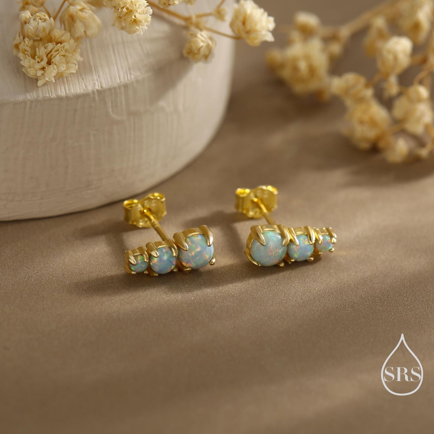 Tiny Aqua Green Opal Trio Stud Earrings in Sterling Silver, Silver or Gold, Three Opal Earrings, Opal Stud, Small Opal Earrings