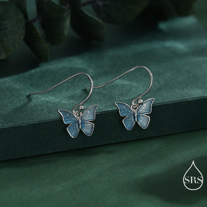 Blue Butterfly Enamel Drop Hook Earrings in Sterling Silver, Aqua Blue Enamel Butterfly Earrings, Insect Animal Earrings, Nature-Inspired