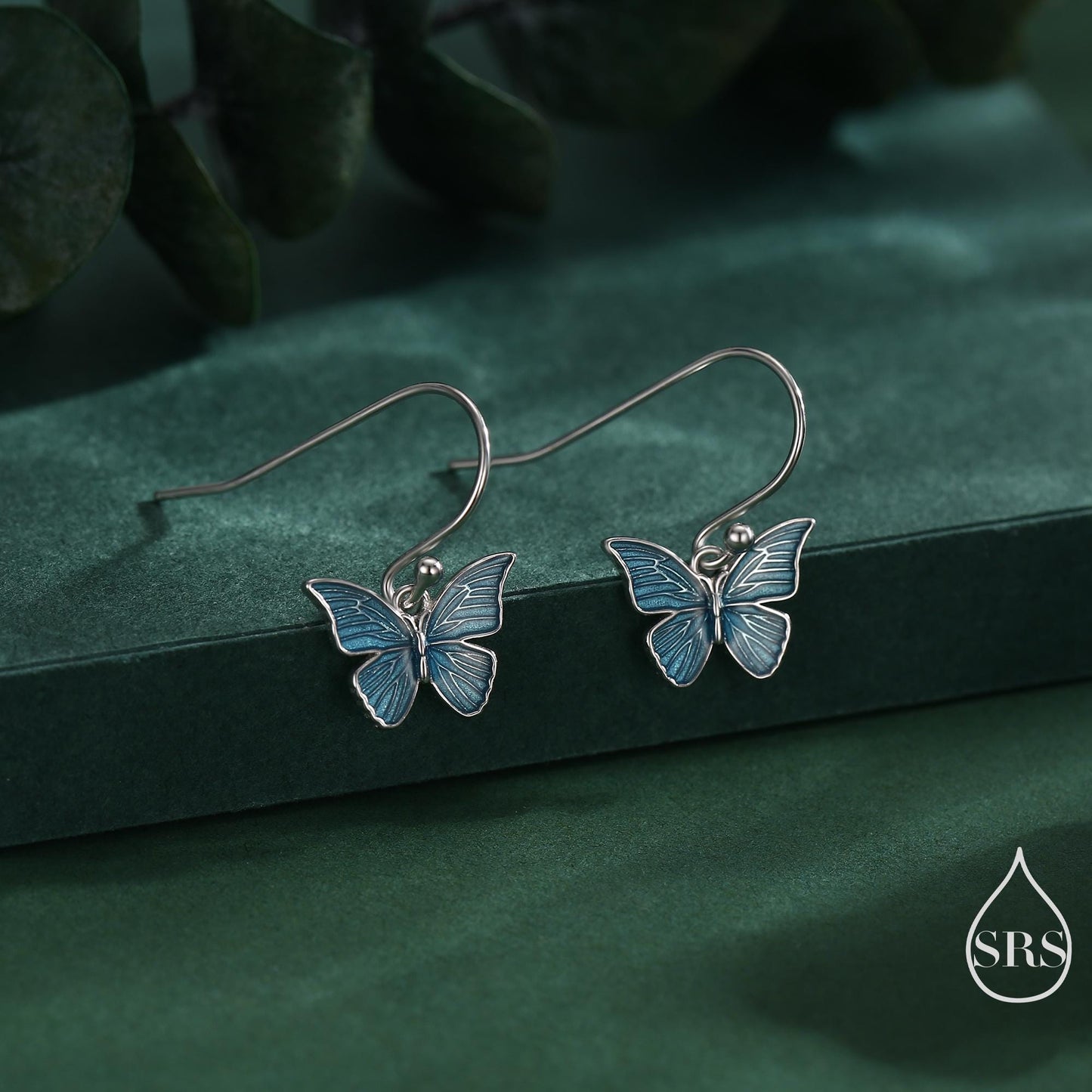 Blue Butterfly Enamel Drop Hook Earrings in Sterling Silver, Aqua Blue Enamel Butterfly Earrings, Insect Animal Earrings, Nature-Inspired