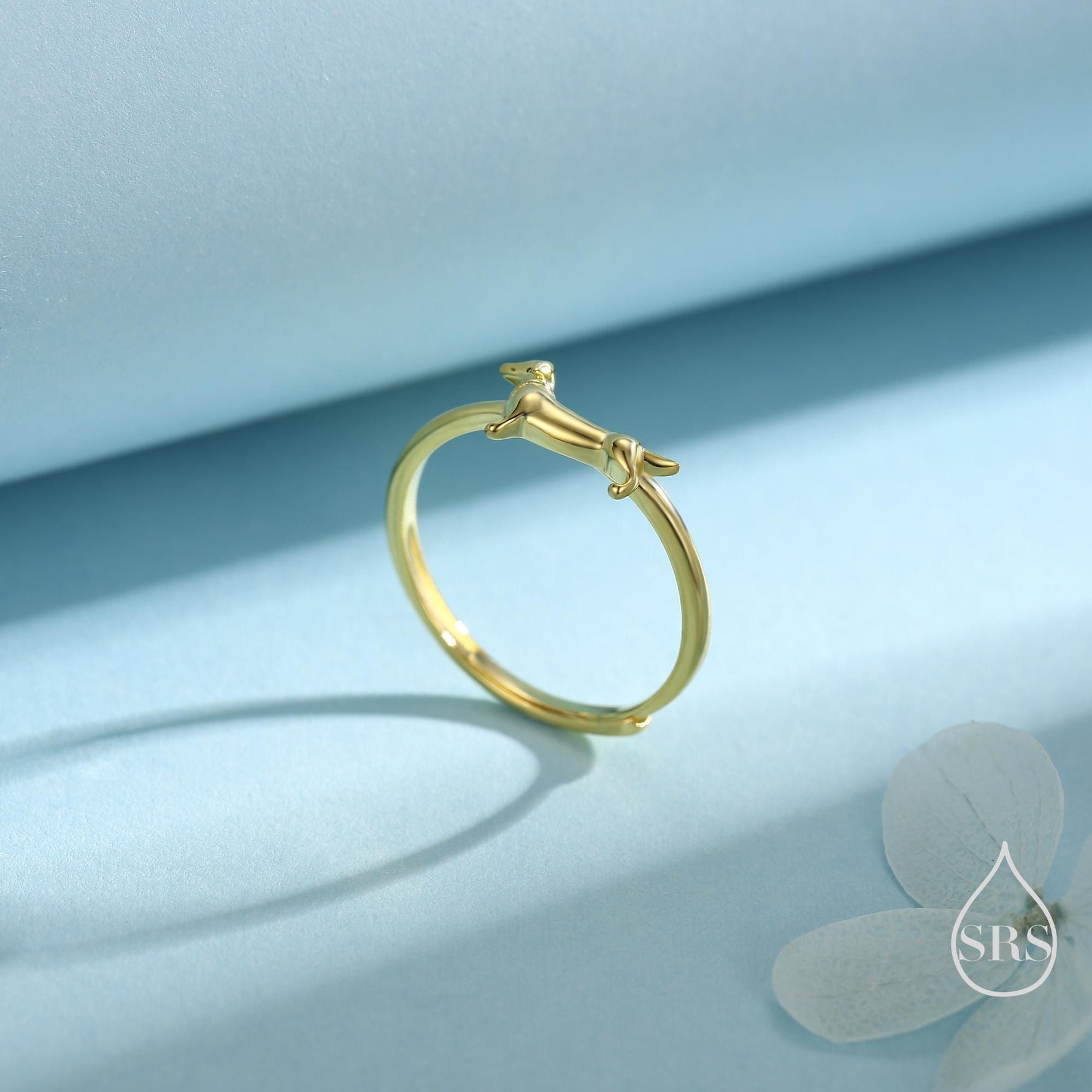 Sterling Silver Sausage Dog Ring, Silver or Gold, Adjustable Size Paw Print Ring, Small Pet Lover Ring, Sausage Dog Ring, Dog Ring