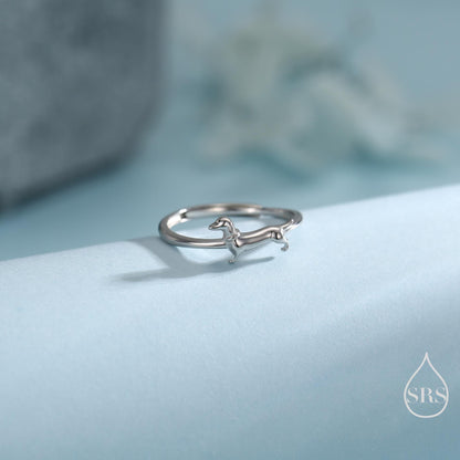 Sterling Silver Sausage Dog Ring, Silver or Gold, Adjustable Size Paw Print Ring, Small Pet Lover Ring, Sausage Dog Ring, Dog Ring