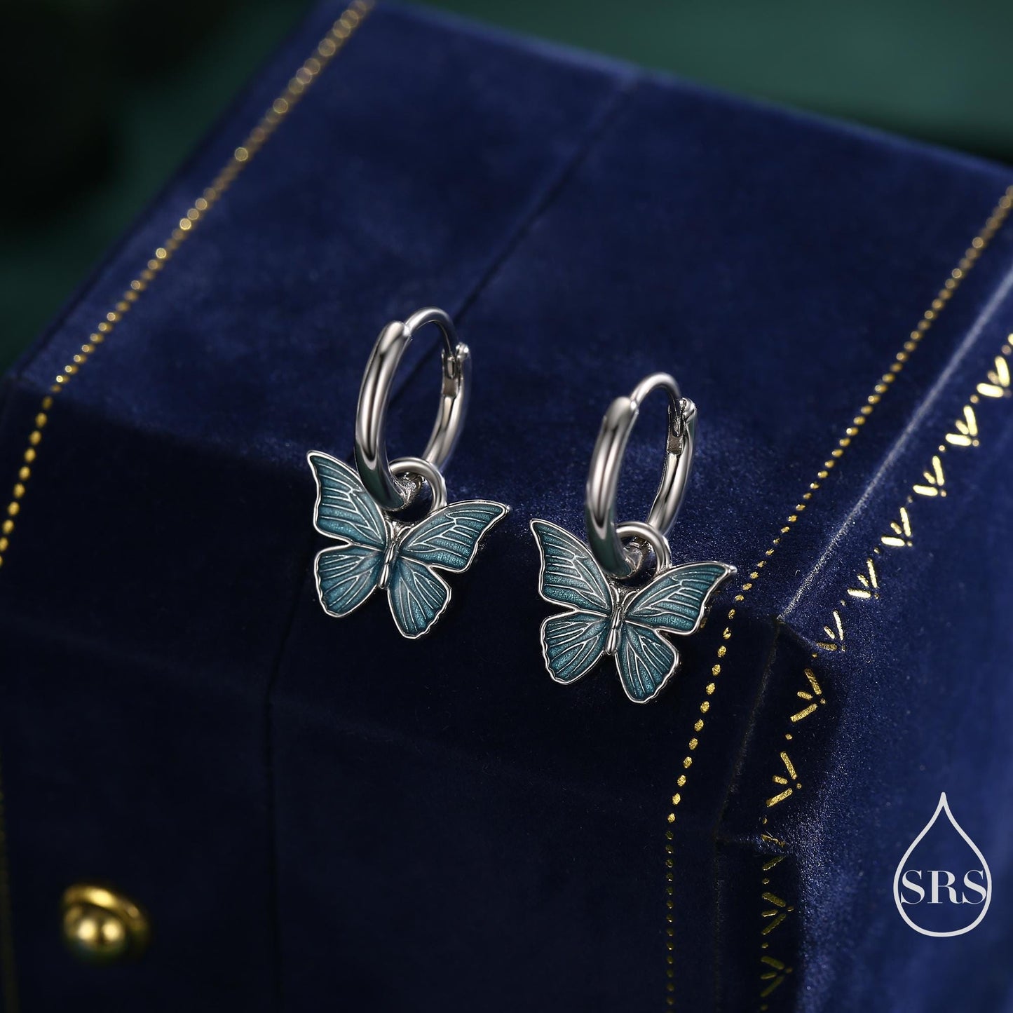 Sterling Silver Blue Butterfly Huggie Hoops, Detachable Blue Enamel Butterfly Hoop Earrings, Butterfly Earrings