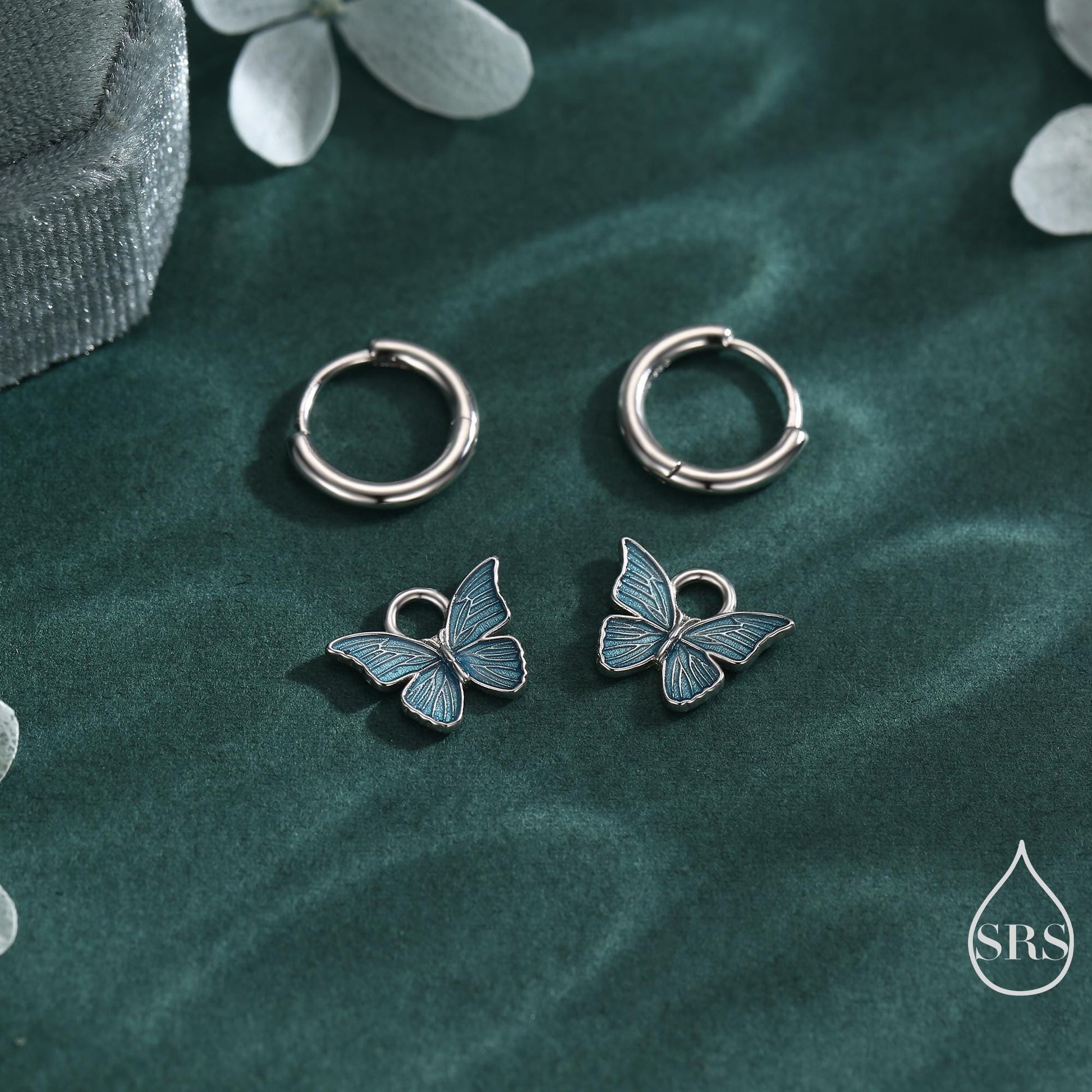 Sterling Silver Blue Butterfly Huggie Hoops, Detachable Blue Enamel Butterfly Hoop Earrings, Butterfly Earrings