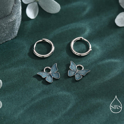Sterling Silver Blue Butterfly Huggie Hoops, Detachable Blue Enamel Butterfly Hoop Earrings, Butterfly Earrings
