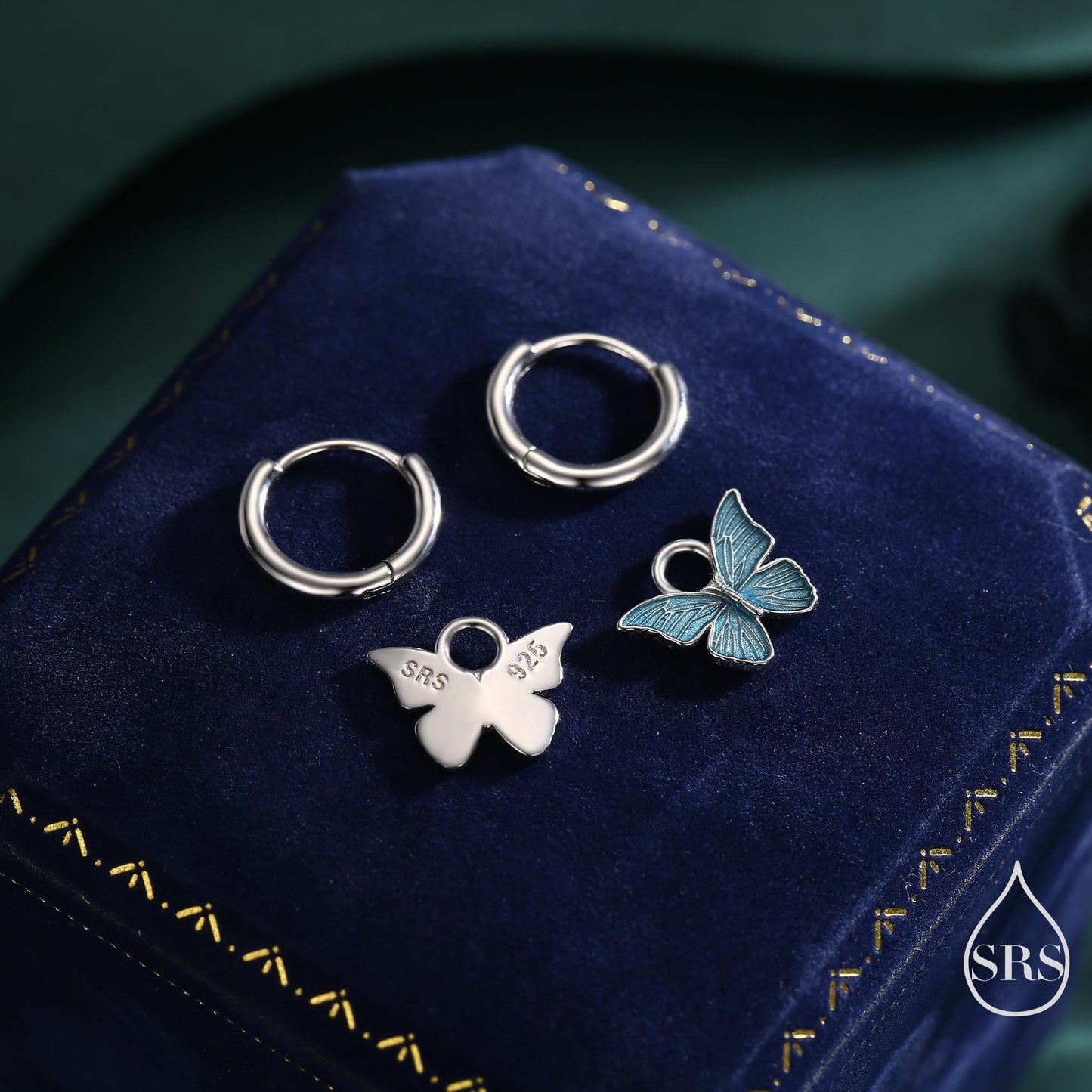 Sterling Silver Blue Butterfly Huggie Hoops, Detachable Blue Enamel Butterfly Hoop Earrings, Butterfly Earrings
