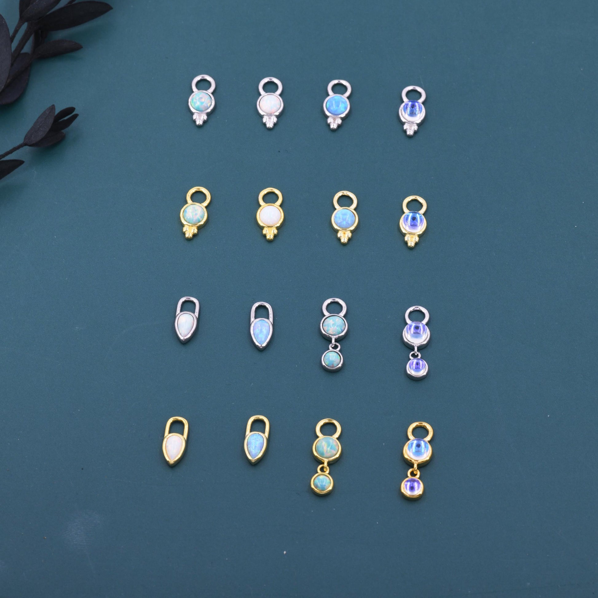 Opal or Moonstone Charms for Huggie Hoops, Sterling Silver Double Round Circle Opal Charms for Earrings, Detachable, Silver or Gold,