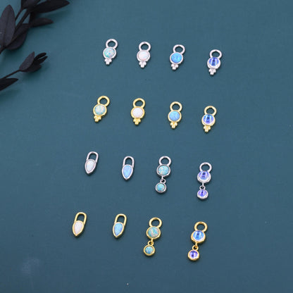 Opal or Moonstone Charms for Huggie Hoops, Sterling Silver Double Round Circle Opal Charms for Earrings, Detachable, Silver or Gold,