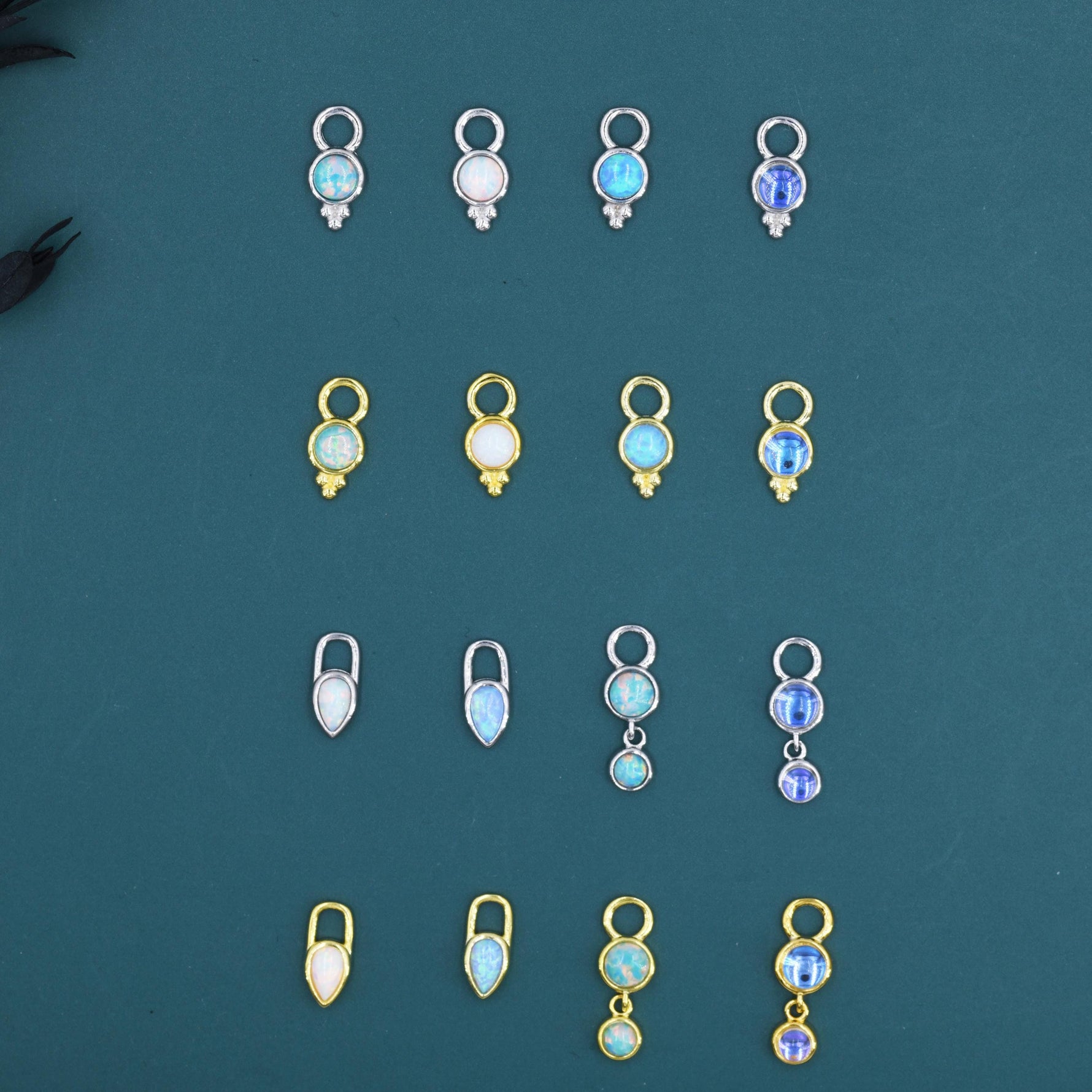 Opal or Moonstone Charms for Huggie Hoops, Sterling Silver Double Round Circle Opal Charms for Earrings, Detachable, Silver or Gold,