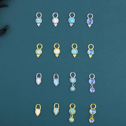 Opal or Moonstone Charms for Huggie Hoops, Sterling Silver Double Round Circle Opal Charms for Earrings, Detachable, Silver or Gold,