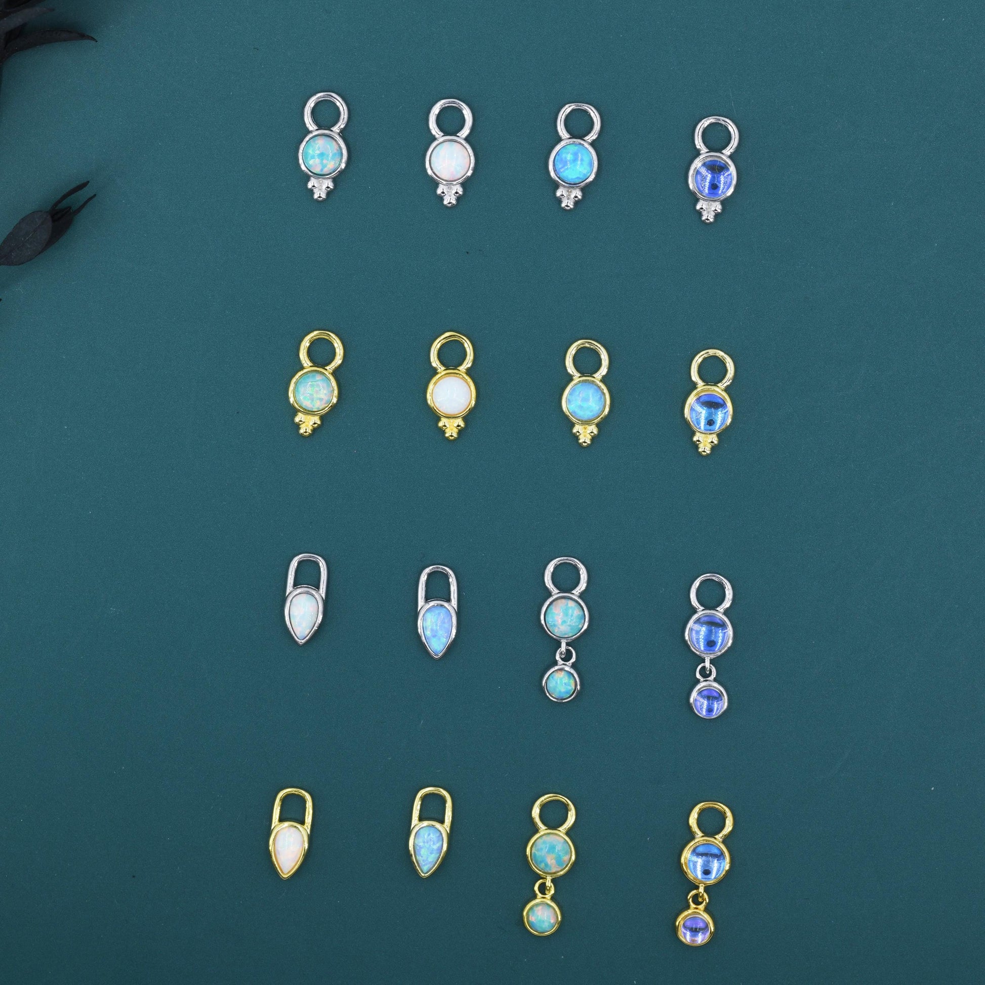 Opal or Moonstone Charms for Huggie Hoops, Sterling Silver Double Round Circle Opal Charms for Earrings, Detachable, Silver or Gold,