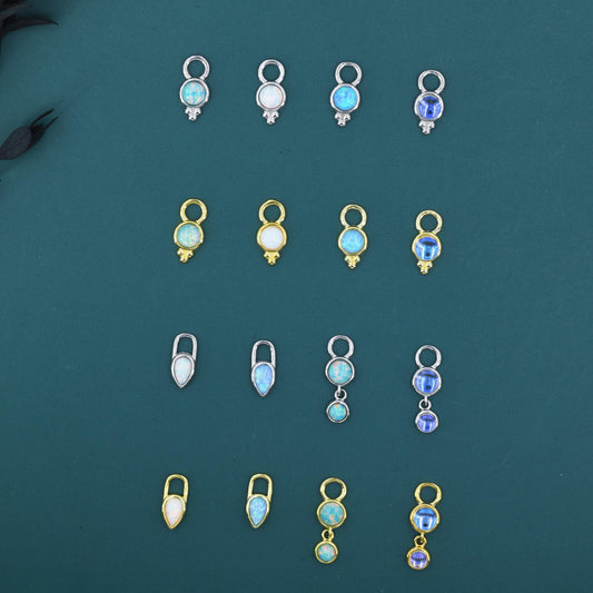 Opal or Moonstone Charms for Huggie Hoops, Sterling Silver Double Round Circle Opal Charms for Earrings, Detachable, Silver or Gold,