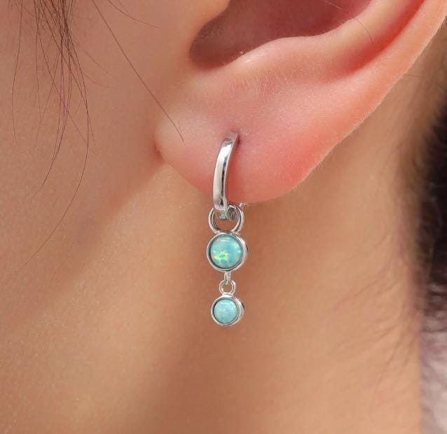 Opal or Moonstone Charms for Huggie Hoops, Sterling Silver Double Round Circle Opal Charms for Earrings, Detachable, Silver or Gold,