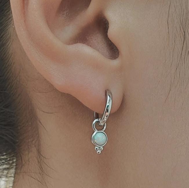 Opal or Moonstone Charms for Huggie Hoops, Sterling Silver Double Round Circle Opal Charms for Earrings, Detachable, Silver or Gold,