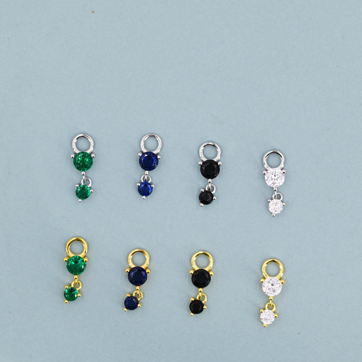 Double CZ Charms for Huggie Hoops in Sterling Silver, Sold as a Pair, CZ Charms for Earrings, Detachable, Silver or Gold,