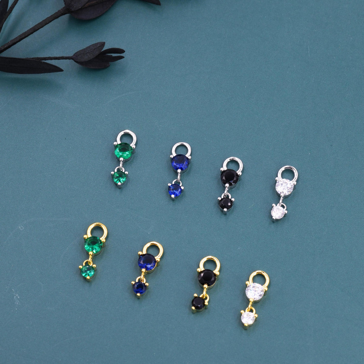 Double CZ Charms for Huggie Hoops in Sterling Silver, Sold as a Pair, CZ Charms for Earrings, Detachable, Silver or Gold,