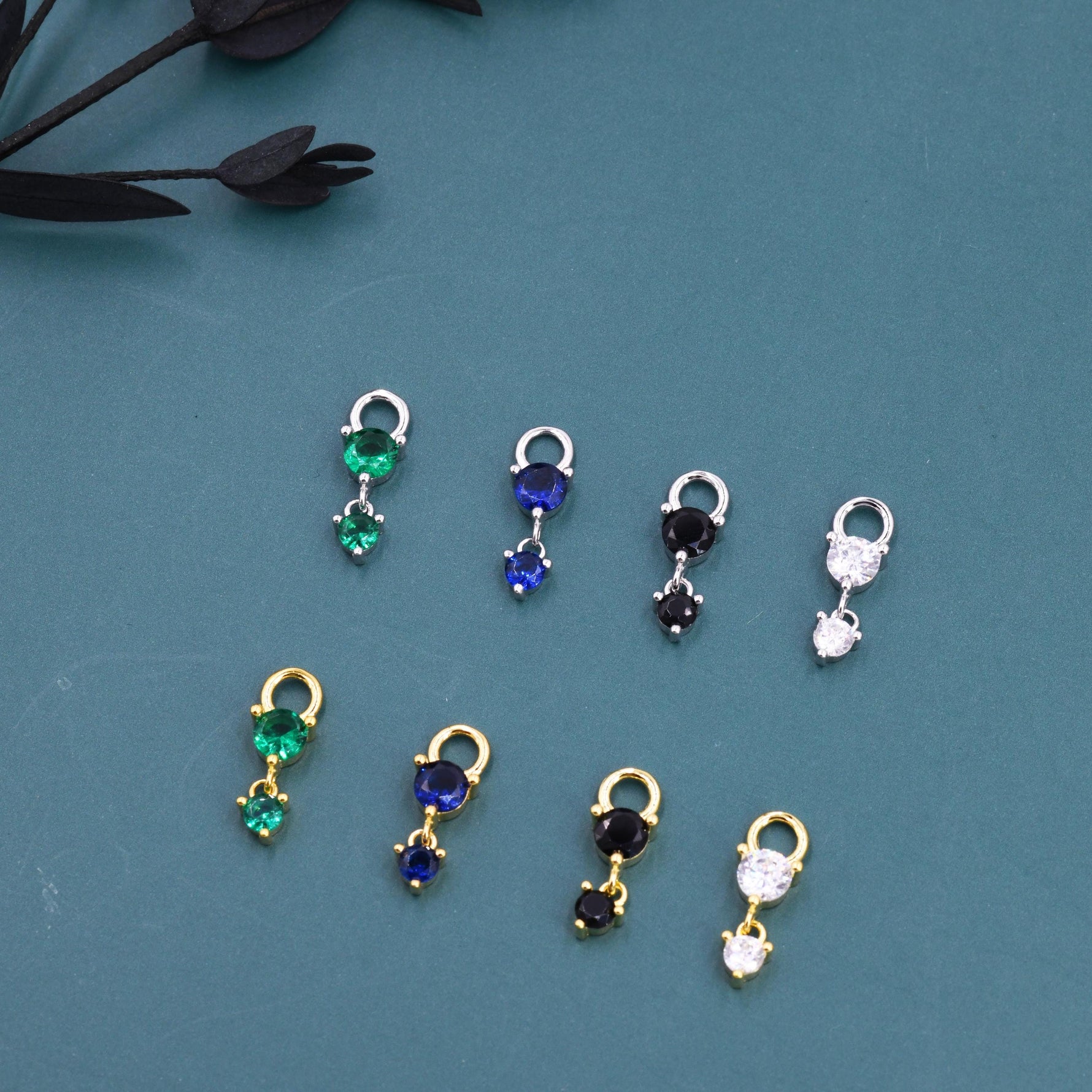 Double CZ Charms for Huggie Hoops in Sterling Silver, Sold as a Pair, CZ Charms for Earrings, Detachable, Silver or Gold,