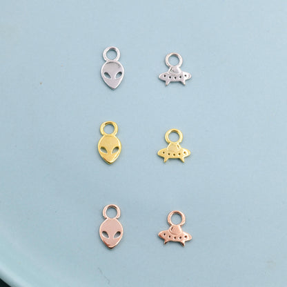 Extra Terrestrial Charms for Huggie Hoops in Sterling Silver, Spaceship Alien Charms for Earrings, Detachable, Silver or Gold or Rose Gold