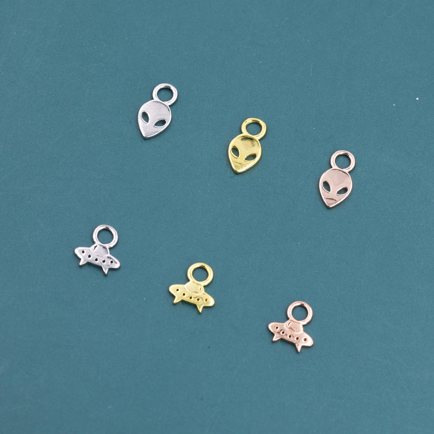 Extra Terrestrial Charms for Huggie Hoops in Sterling Silver, Spaceship Alien Charms for Earrings, Detachable, Silver or Gold or Rose Gold