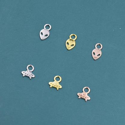 Extra Terrestrial Charms for Huggie Hoops in Sterling Silver, Spaceship Alien Charms for Earrings, Detachable, Silver or Gold or Rose Gold