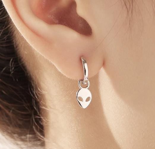 Extra Terrestrial Charms for Huggie Hoops in Sterling Silver, Spaceship Alien Charms for Earrings, Detachable, Silver or Gold or Rose Gold