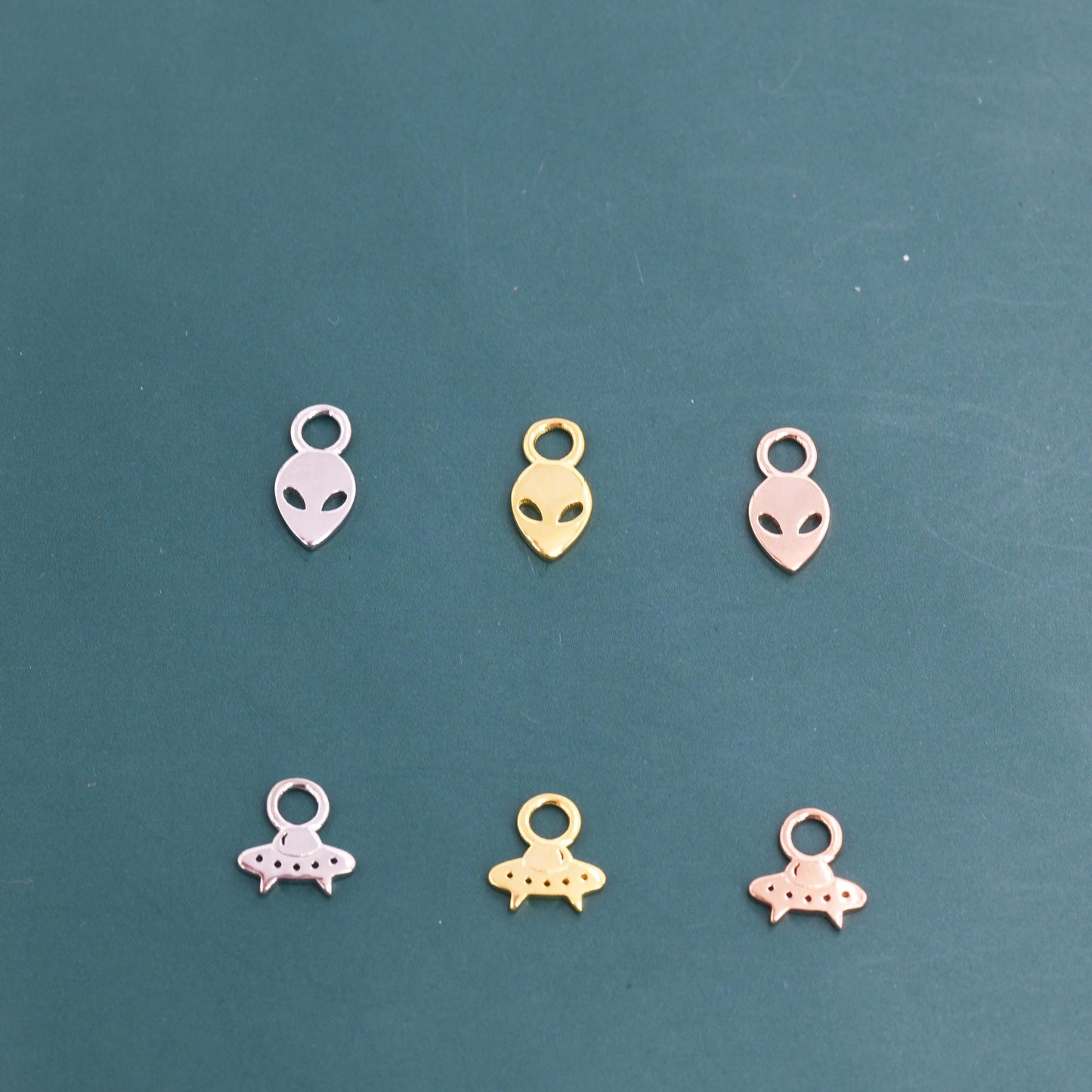 Extra Terrestrial Charms for Huggie Hoops in Sterling Silver, Spaceship Alien Charms for Earrings, Detachable, Silver or Gold or Rose Gold