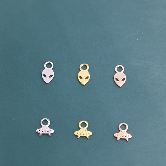 Extra Terrestrial Charms for Huggie Hoops in Sterling Silver, Spaceship Alien Charms for Earrings, Detachable, Silver or Gold or Rose Gold