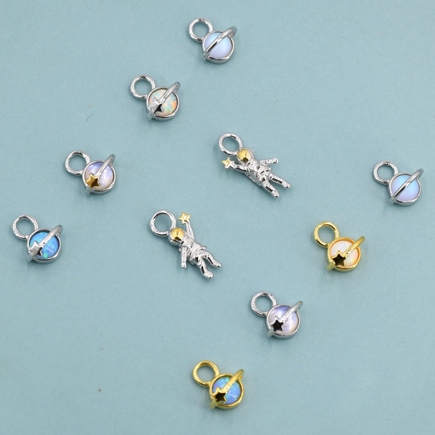 Extra Terrestrial Charms for Huggie Hoops – Planet and Astronaut Charms in Sterling Silver, Silver or Gold Finish