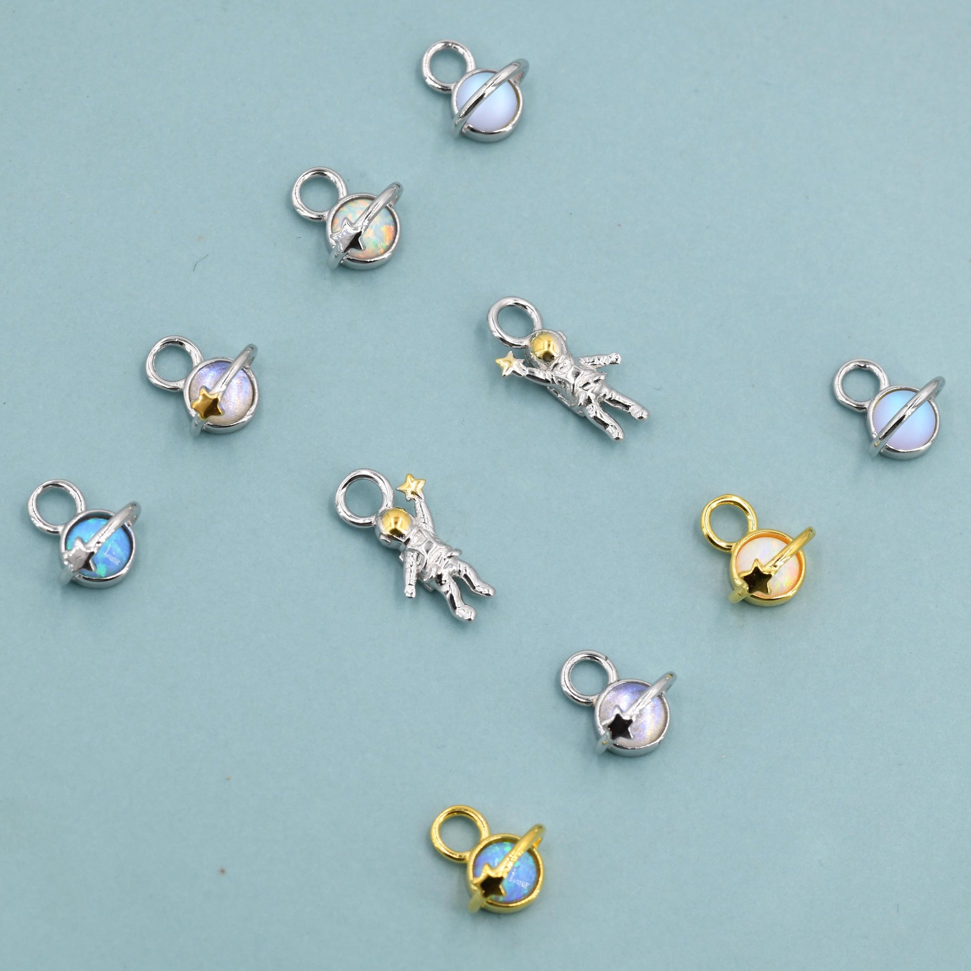 Extra Terrestrial Charms for Huggie Hoops – Planet and Astronaut Charms in Sterling Silver, Silver or Gold Finish