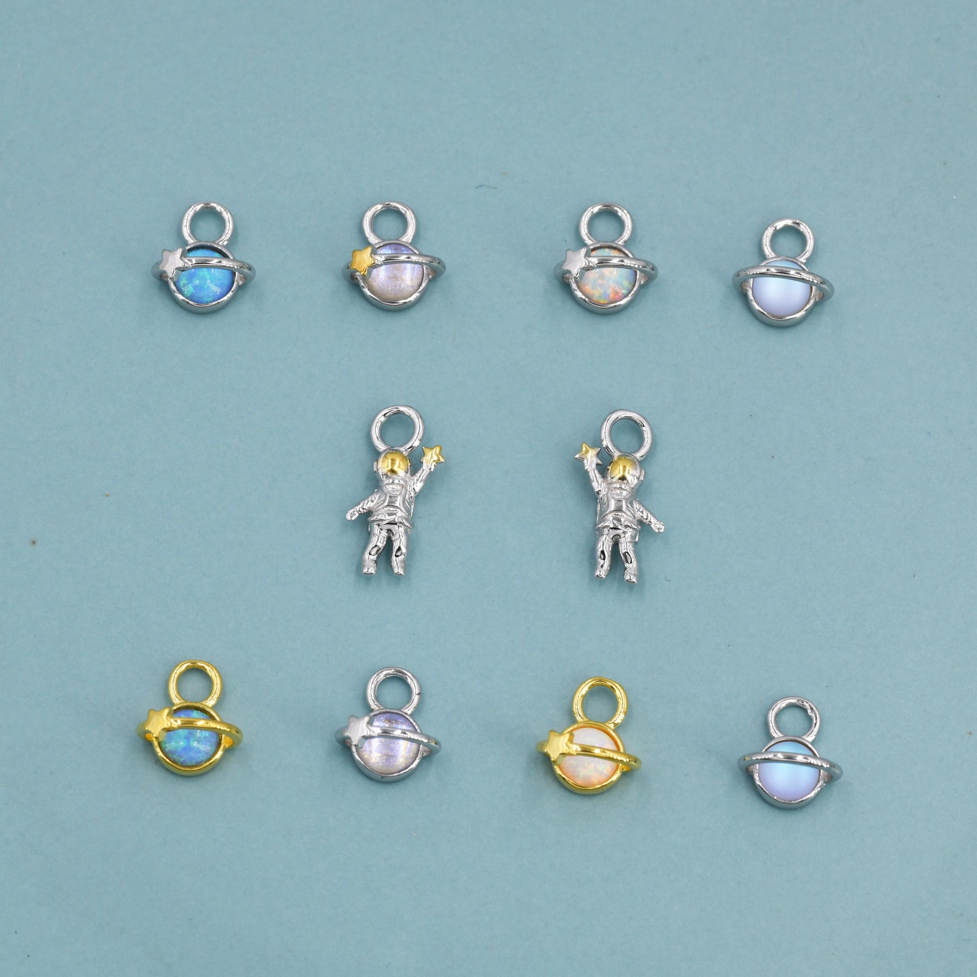 Extra Terrestrial Charms for Huggie Hoops – Planet and Astronaut Charms in Sterling Silver, Silver or Gold Finish