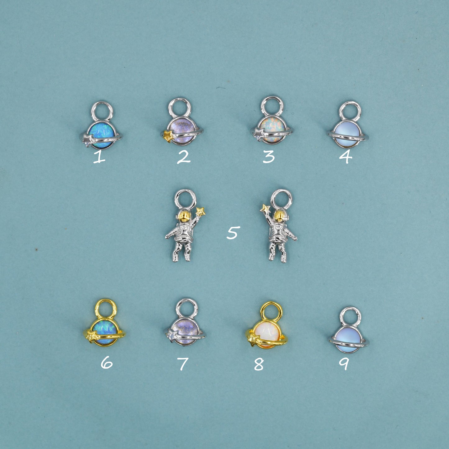 Extra Terrestrial Charms for Huggie Hoops – Planet and Astronaut Charms in Sterling Silver, Silver or Gold Finish
