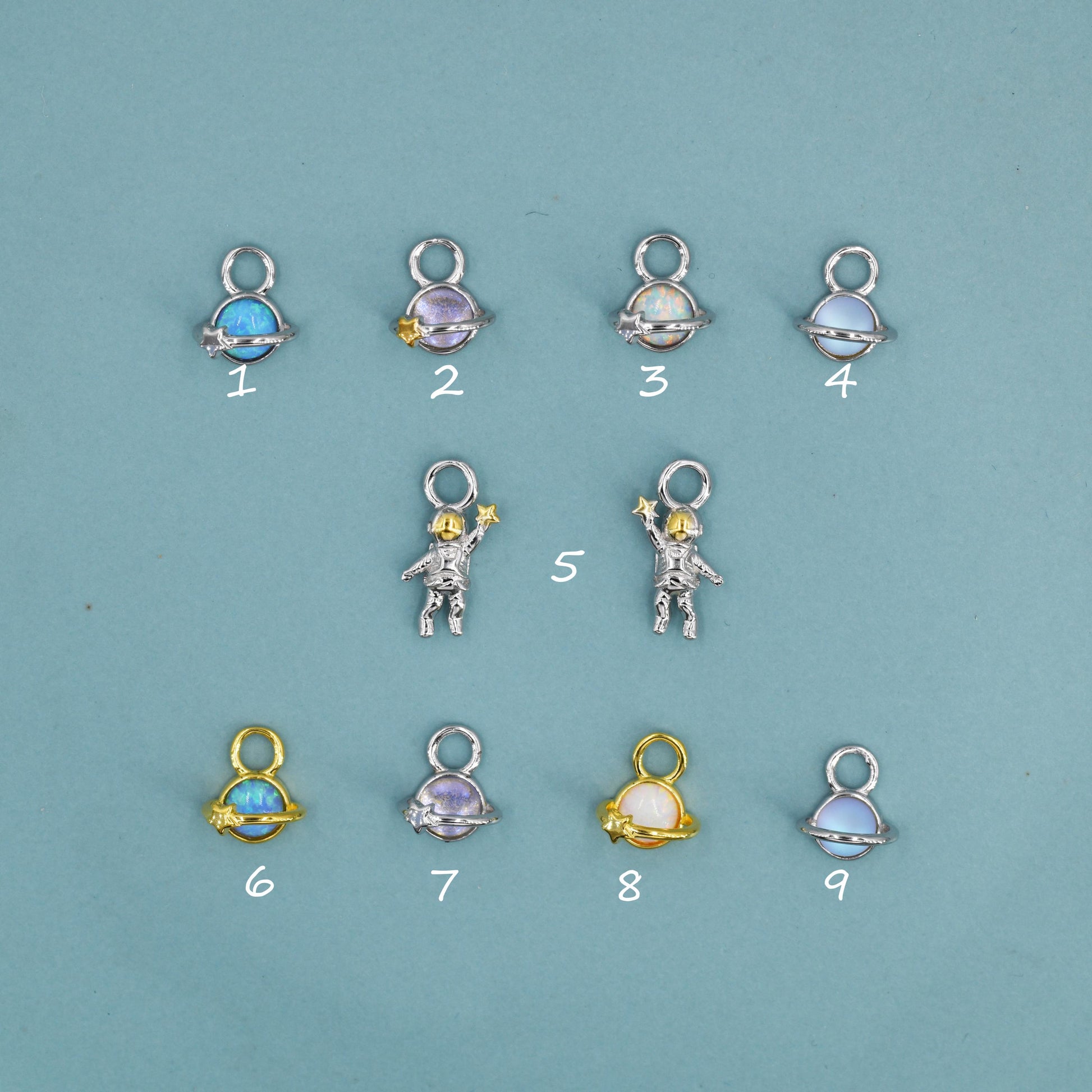 Extra Terrestrial Charms for Huggie Hoops – Planet and Astronaut Charms in Sterling Silver, Silver or Gold Finish