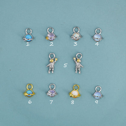 Extra Terrestrial Charms for Huggie Hoops – Planet and Astronaut Charms in Sterling Silver, Silver or Gold Finish