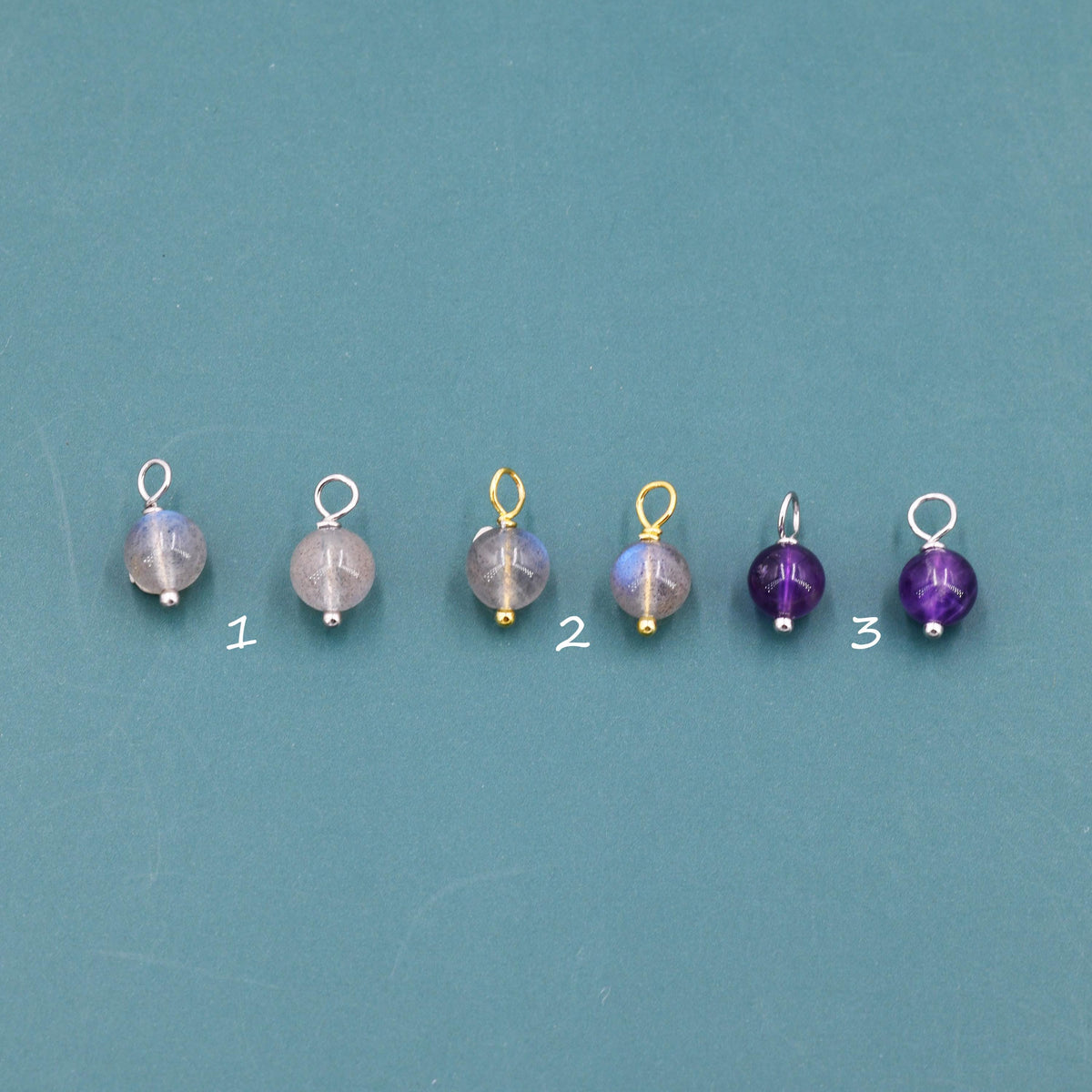 6mm Natural Labradorite and Amethyst Charms for Huggie Hoops in Sterling Silver, Sold as a Pair, Charms for Earrings, Silver or Gold,