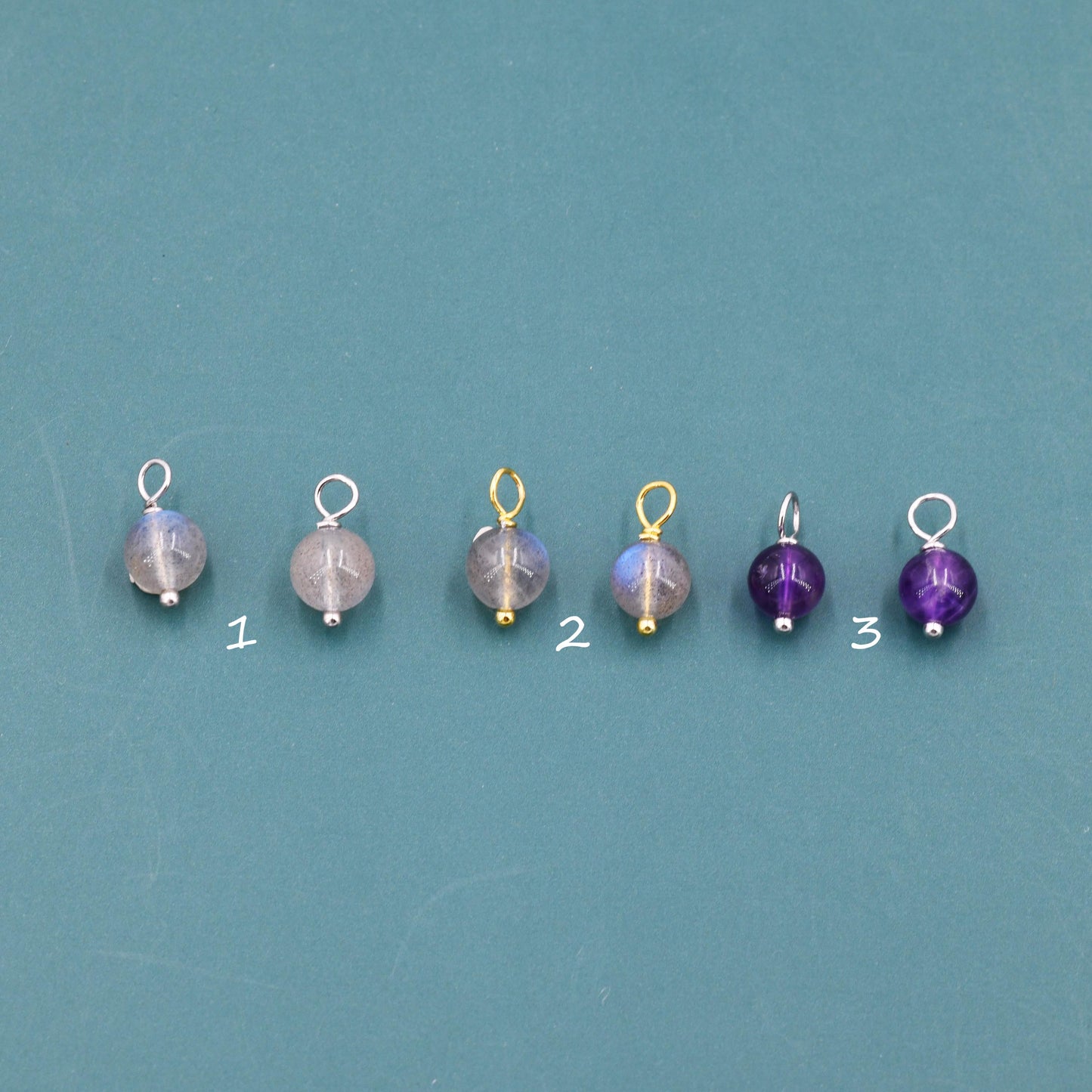 6mm Natural Labradorite and Amethyst Charms for Huggie Hoops in Sterling Silver, Sold as a Pair, Charms for Earrings, Silver or Gold,