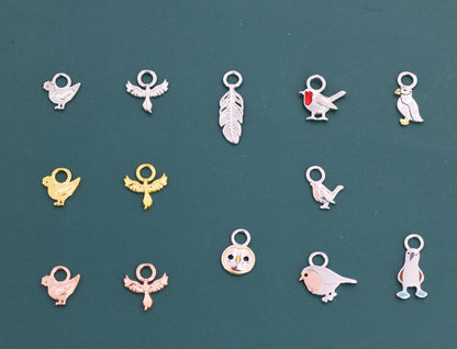 Bird Charms for Huggie Hoops in Sterling Silver, Bird and Feathers Charms for Hoops Earrings, Robin Bird Hoop Charms, Owl Charms