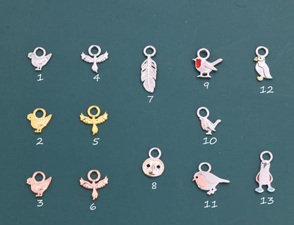 Bird Charms for Huggie Hoops in Sterling Silver, Bird and Feathers Charms for Hoops Earrings, Robin Bird Hoop Charms, Owl Charms