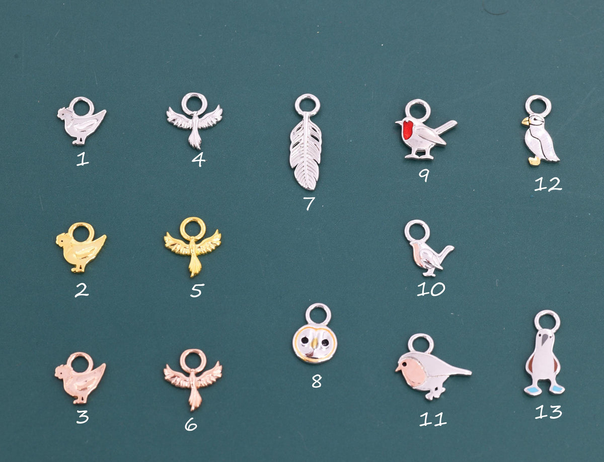 Bird Charms for Huggie Hoops in Sterling Silver, Bird and Feathers Charms for Hoops Earrings, Robin Bird Hoop Charms, Owl Charms