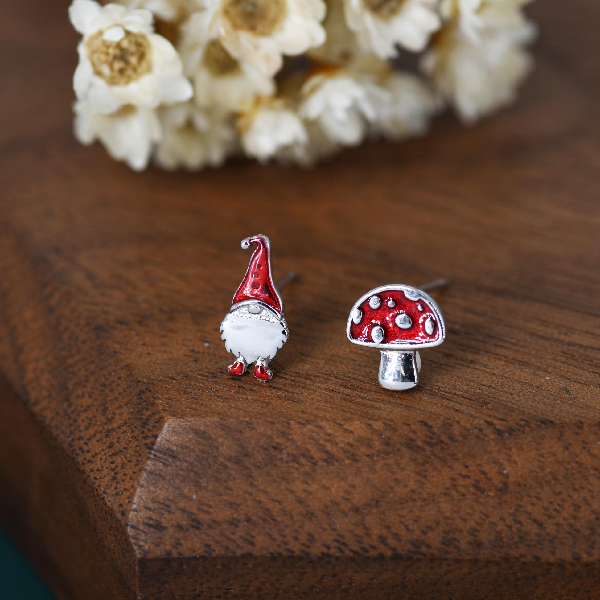 Mismatched Gnome and Mushroom Stud Earrings in Sterling Silver with Hand Painted Enamel, Winter Earrings, Christmas Earrings