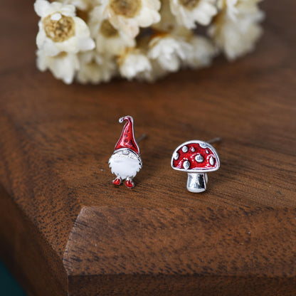 Mismatched Gnome and Mushroom Stud Earrings in Sterling Silver with Hand Painted Enamel, Winter Earrings, Christmas Earrings