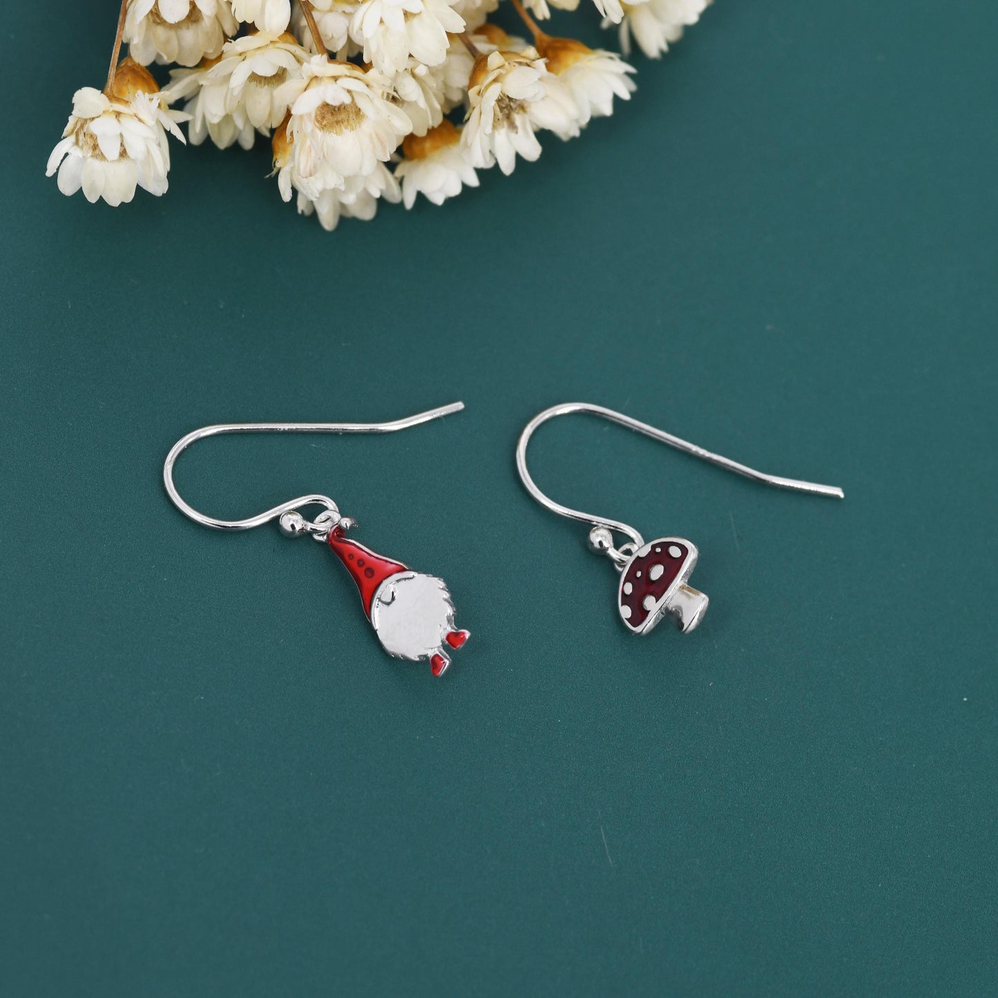 Mismatched Gnome and Mushroom Drop Hook Earrings in Sterling Silver with Hand Painted Enamel, Winter Earrings, Autumn Earrings