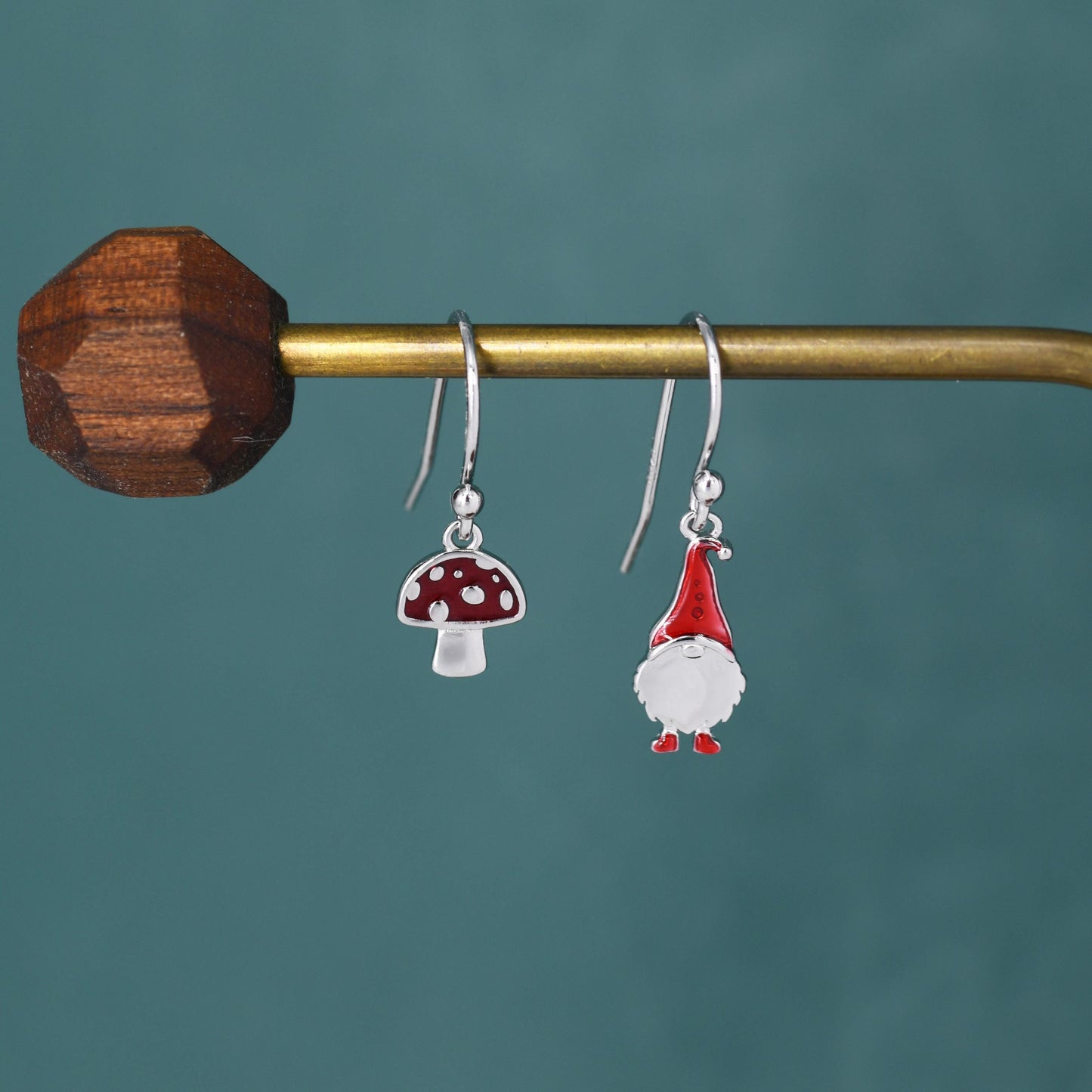 Mismatched Gnome and Mushroom Drop Hook Earrings in Sterling Silver with Hand Painted Enamel, Winter Earrings, Autumn Earrings