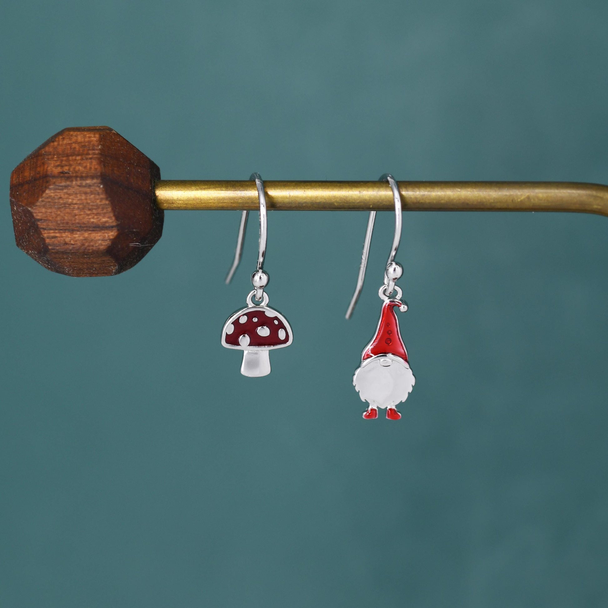 Mismatched Gnome and Mushroom Drop Hook Earrings in Sterling Silver with Hand Painted Enamel, Winter Earrings, Autumn Earrings