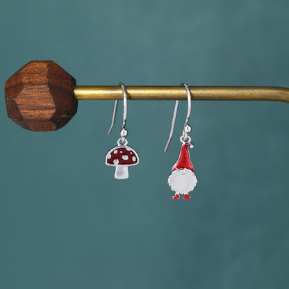 Mismatched Gnome and Mushroom Drop Hook Earrings in Sterling Silver with Hand Painted Enamel, Winter Earrings, Autumn Earrings
