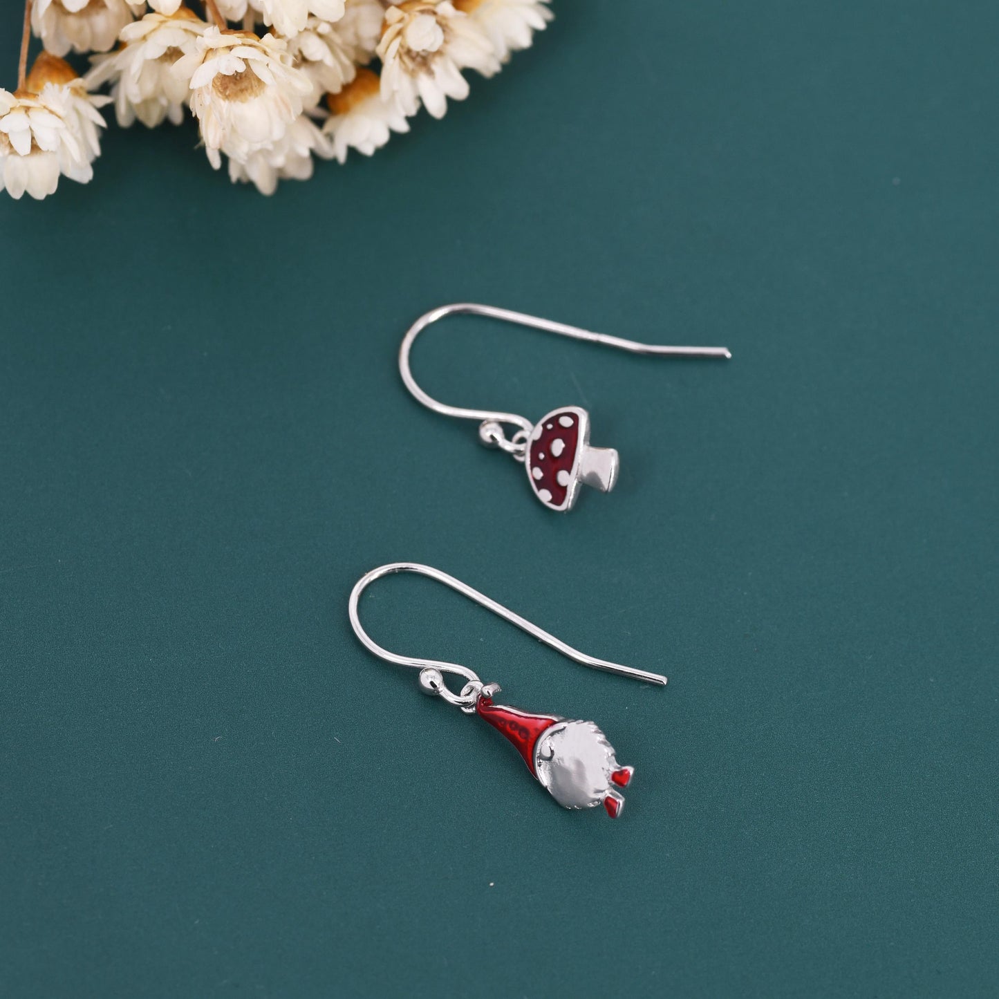 Mismatched Gnome and Mushroom Drop Hook Earrings in Sterling Silver with Hand Painted Enamel, Winter Earrings, Autumn Earrings